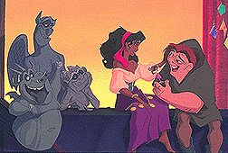 The gargoyles (Hugo,Victor, Laverne) with Quasimodo and Esmeralda