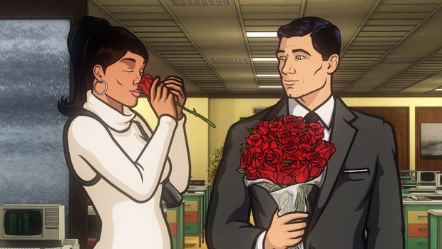 Archer: Episode 1, Season 5 "White Elephant." Pictured: (L-R) Lana and Sterling.  With roses.