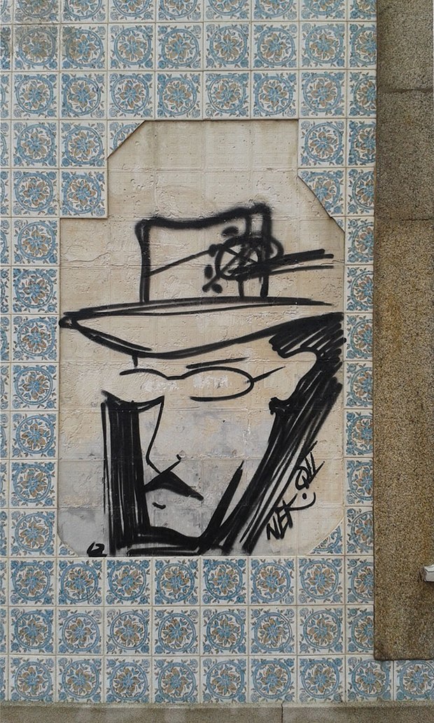 Iconic poet and author Fernando Pessoa is a frequent subject for street art in Portugal