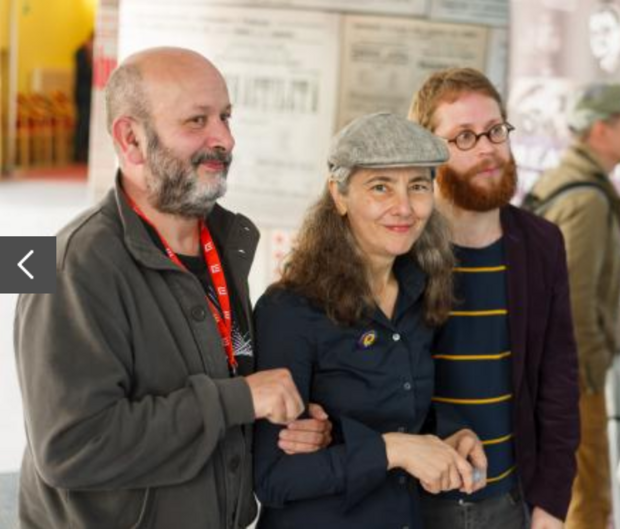 Composer Andrea Martignoni, art director Paola Bristot with animator Joni Mannisto, at opening of the Recycled exhibition