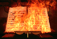 The burning book of sheet music of one of the many animated clues in Zork Nemesis. © Activision.
