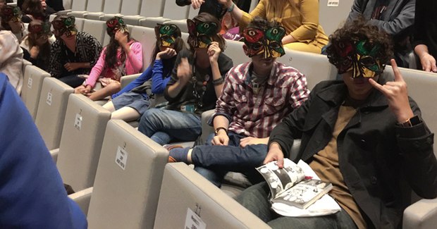 The Junoir Jury in their 3D Blind Vaysha masks at the closing ceremony