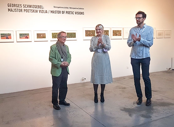 Georges Schwizgebel at his exhibition with Paola Orlic and Daniel Suljic