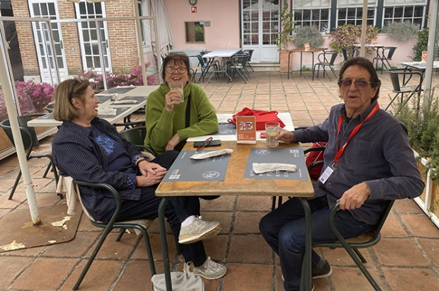 Jury members Buba, Joanna Quinn, and Les Mills at lunch at the Portuguese Cinema Museum