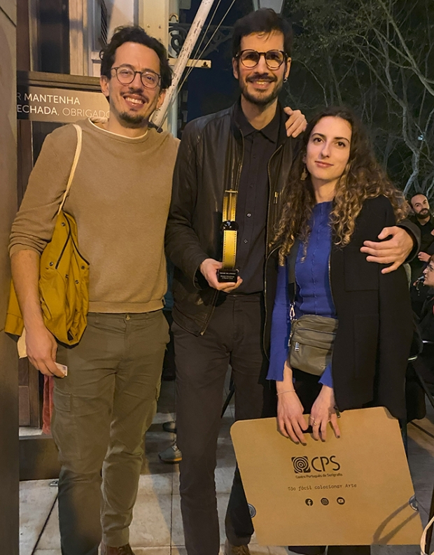 Dimitri Mihajlovic, Miguel Lima, and Carolina Bonzinho show off their SPA- Vasco Granja Award for Best Portuguese Short Film