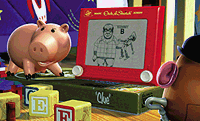 Hamm and Etch A Sketch show off their composite picture of Woody-stealing toy collector, Al. © Disney Enterprises, Inc. and Pixar Animation Studios.