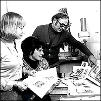 A photo of (left to right) producer Zdenka Deitchova, background artist, Miluse Hluchanicova, and director Gene Deitch in 1976 at Kratky Film. Courtesy of and © Gene Deitch.