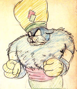 An animation drawing by Tom McKimson of a eunuch from Arabian Nightmare.