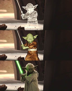 The digital progression of Yoda  from wireframe, to lo-resolution render to final composite.