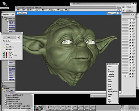 Getting Yoda's facial expression was a priority for the animators. Here's a screen grab from the Linux Platform showing ILM's proprietary facial animation software.