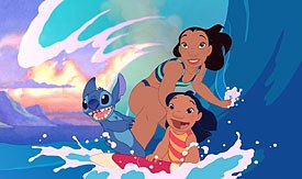 Deja's main concern was to keep Sanders' original visual ideas of the characters intact. Here, Lilo, Nani and Stitch hit the waves.