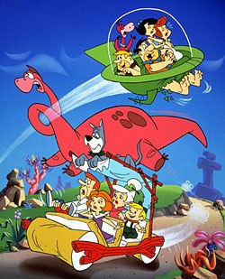 Would TV stations have tried to sell this rare meeting between the Flintstones and the Jetsons as a lesson in time travel? Courtesy of Cartoon Network.