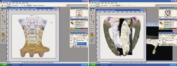 [Figures 38 & 39] The toe map after the toe is added (left). The body texture is shown (right) being edited in Photoshop.