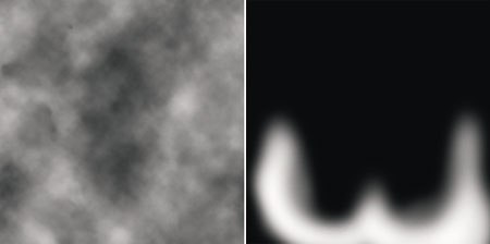 [Figures 45 & 46] A cloud render used for a specular map (left). The transparency map for the tips of the feathers (right).