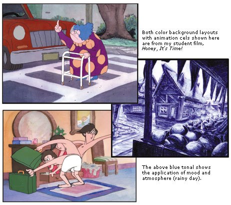 Both image on left were taken from my student film, Honey, Its Time! I have left the animation cels on the backgrounds. The blue tonal is of a rainy day.