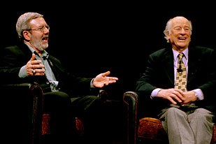 Harryhausen and Leonard Maltin talk during the George Pal Lecture on Fantasy in Film last month at the Academy of Motion Picture Arts and Sciences. © A.M.P.A.S.