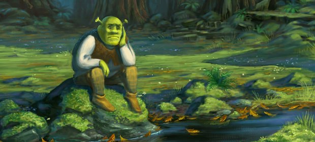 Shrek contemplates by a stream before being attacked by Puss n Boots. Visual development design by Shannon Jeffries.