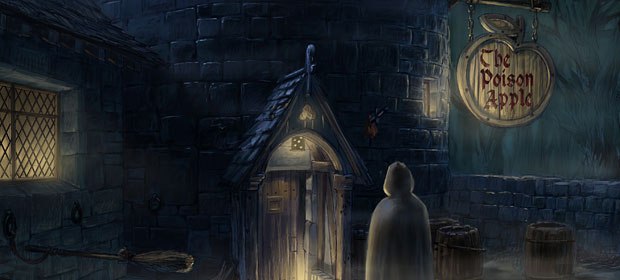 Things turn spooky at the entrance to the inn. Visual development design by Alex Puvilland.