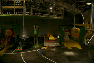 In the silo, The Tracys load special equipment onto Thunderbird 2 for transport to a disaster scene.