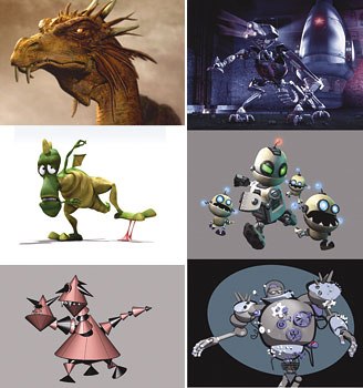 [Figures 5 & 6] Realistic, cartoony and abstract monsters (left) and realistic and cartoony robots (right).