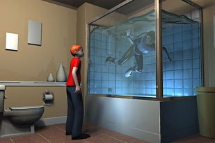 An early shot of Max with the Shark Boy in his shower.