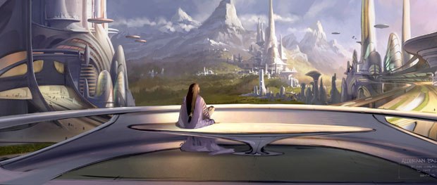 Churchs tools on Episode III included Corel Painter 6 and napkins and pens. A view of an Alderaan balcony is seen above.