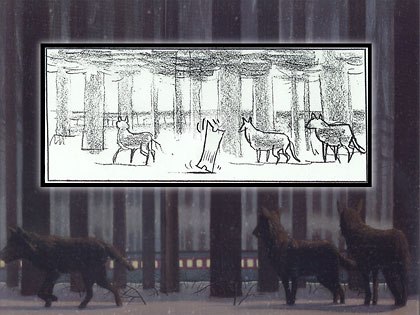 An early sketch and painting of the wolves watching the train during the ticket ride sequence.