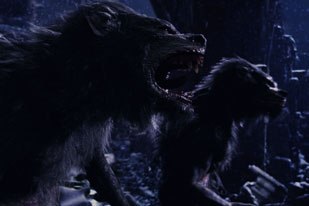 Above, two CG characters complete a transformation from humanoids to werewolves in a mostly CG background reconstruction.