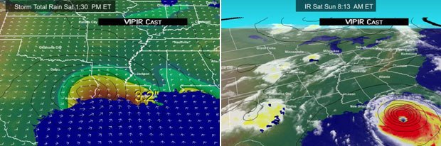 Visualizations of Hurricanes Rita (left) and Katrina as they make landfall. The data was processed on SGI® Altix® systems. Images courtesy of Barons Advanced Meteorological Services.