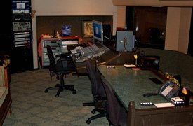 The control booth for Studio A at L.A. Studios Groups facility. The company specializes in anything audio, especially voice recording on big budget animation features and television series.