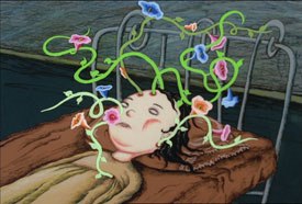 Breaking tradition, Pitt employs many animation techniques throughout the film. She used chalk, sand, crushed paper and images scratched and painted directly on to 35mm film to evoke a particular mood.