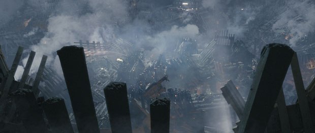 In addition to the burning towers, the visual effects artists had the equally sensitive duty of recreating the rubble. Courtesy of Double Negative.  