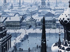 Allers and crew worked to perfect the color scheme. The cold St. Petersburg winter is made palpable by a palette of basic greys with leanings toward the violets, greens, and blues of a vibrantly-colored world desaturated by a cruel Russian winter.