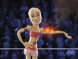 In 1998, animation locked its sights on Hollywood stars and semi-stars with Celebrity Deathmatch. Here Paris Hilton is about to enter mortal combat. © MTV2.