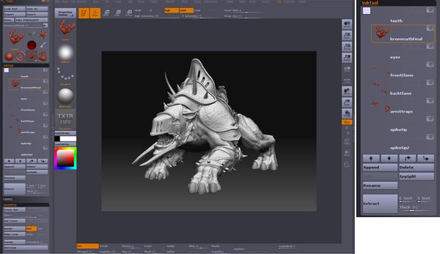One of the most useful additions to the program is the ability to work with limitless subtools. Multi part models can now be imported and each piece sculpted separately.