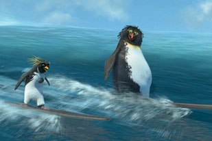 Controlling wave motion was an entirely different challenge in Surf's Up. Some simulation tools were used and one in particular measured the wave's falling speed so it moves naturally.