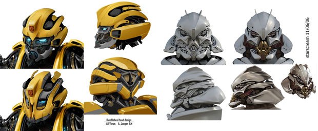 Designing Bumblebee's head and face was vfx art director Alex Jaeger's creation (left). Initially, pen and paper were used for the concept art (right). All Transformers images © DreamWorks LLC/Paramount. 