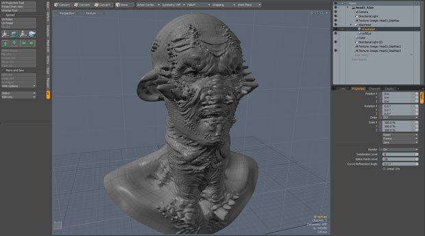Image based sculpting in modo 301 allows users to create incredibly high detail objects with ease. The base low poly model seen here is modified by three separate displacement maps to create the high-resolution object. Credit: Zoltan Korcsok
