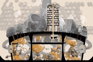 The Honex, the giant factory in the bee world, is mostly comprised of animated machines. Mike Isaak created the 2D drawings,which showed the machines doing crazy things with honey.