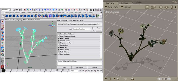 [Figure 4] A bunch of daisies in Maya (left). [Figure 5] The daisies imported into Poser (right). 