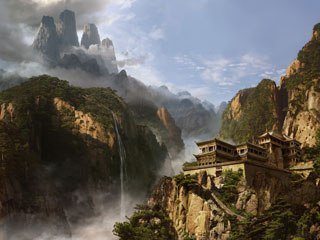 Many of the environment shots in The Forbidden Kingdom were achieved with large scale matte paintings.