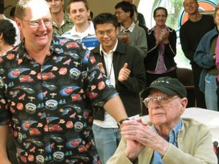 John Lasseter and Ollie Johnston at Walt Disney Animation Studios on the occasion of Ollie's 94th birthday. © Disney.