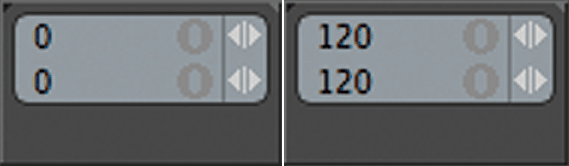 [Figure 3] The first frame value for the modo animation timeline (left). [Figure 4] The last frame value for the modo animation timeline. 