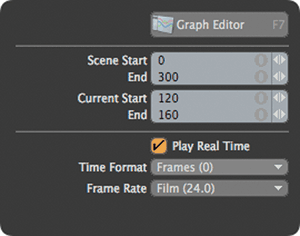 [Figure 9] Clicking the Options button in modo's timeline offers more specific control over timing and keyframes. 