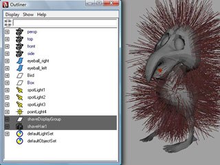 [Figure 6] Hair now appears from the model and is clearly represented in the Outliner window.