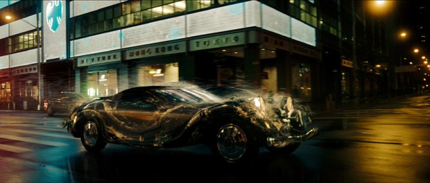 The car chase involved morphing/melting cars, numerous other CG cars, a smoke filled tunnel, morphing people, magical mirrors and exploding glass windows.