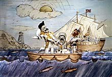 The tableaux scene from Episode One: HMS Pinafore with Gilbert, Sullivan and D'Oyly Carte dressed as characters from the Opera. Image courtesy of Barry Purves.