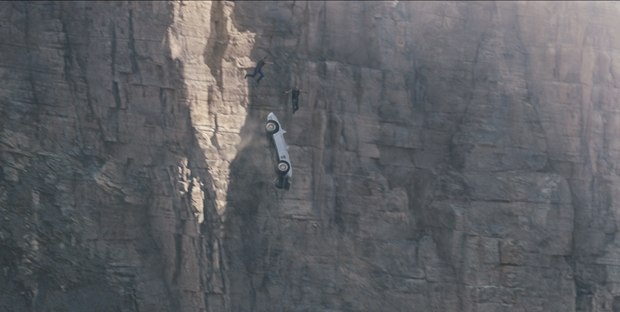 The practical cliff was replaced by one that looked more like a desert canyon, and CG doubles.