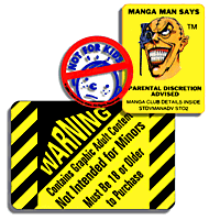 Adult-themed or explicit anime releases in the U.S. are usually accompanied by warning labels. Samples shown here are courtesy of Streamline Pictures, Manga Entertainment and Central Park Media.