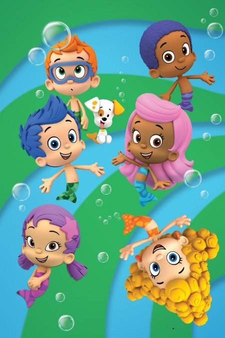 Pictured: (Top row) Nonny (Orange hair), Bubble puppy, Goby (Dark Blue hair), (middle row) Gil (Blue hair), Molly (Pink hair), (Bottom Row) Oona (Purple hair) and Deema (Yellow hair) in BUBBLE GUPPIES on Nickelodeon. Photo: Nickelodeon. ©2010 Viacom, Inte